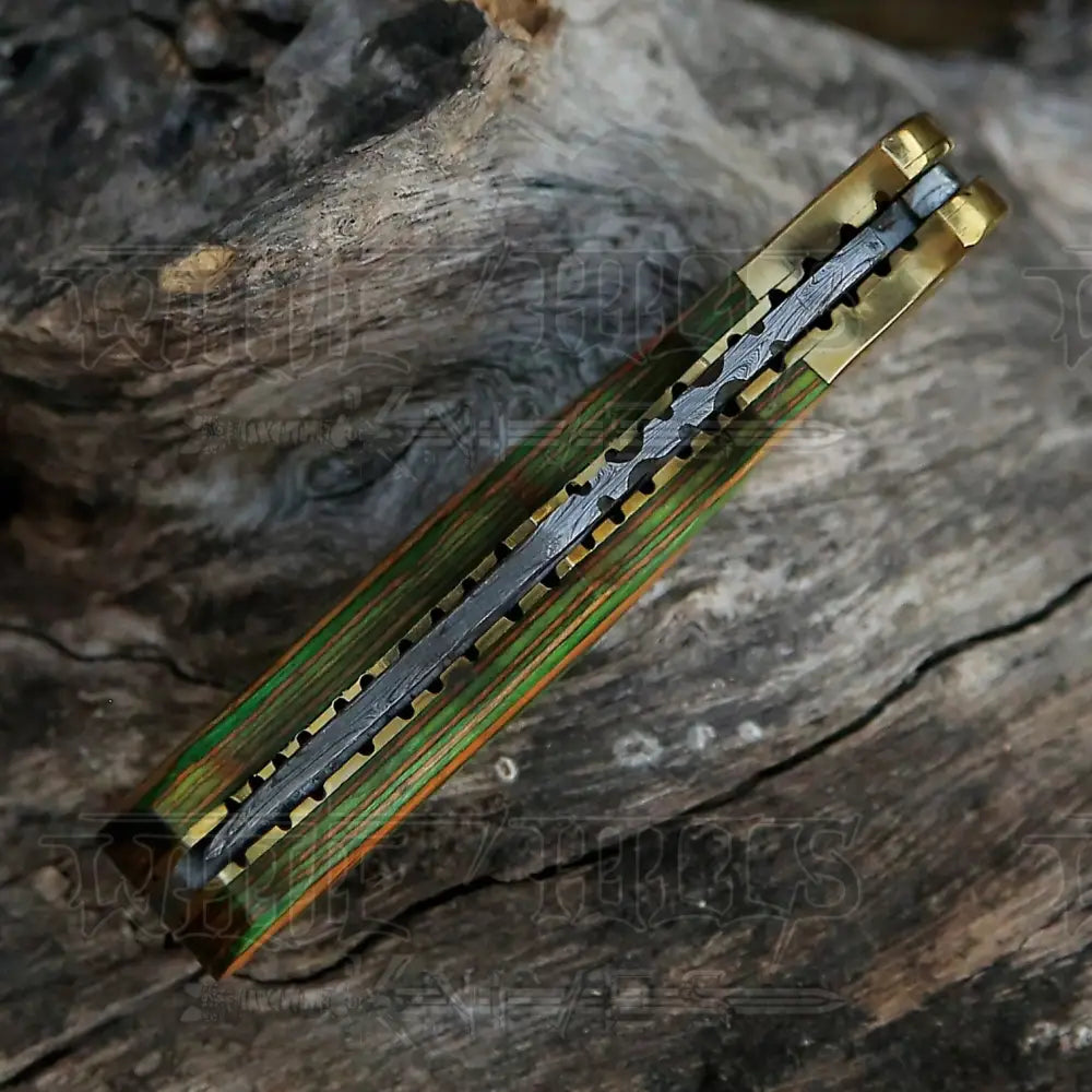 Handmade Damascus Steel Pocket Knife - Folding Knife- Stain Wood Handle With Engraved Brass Eagle