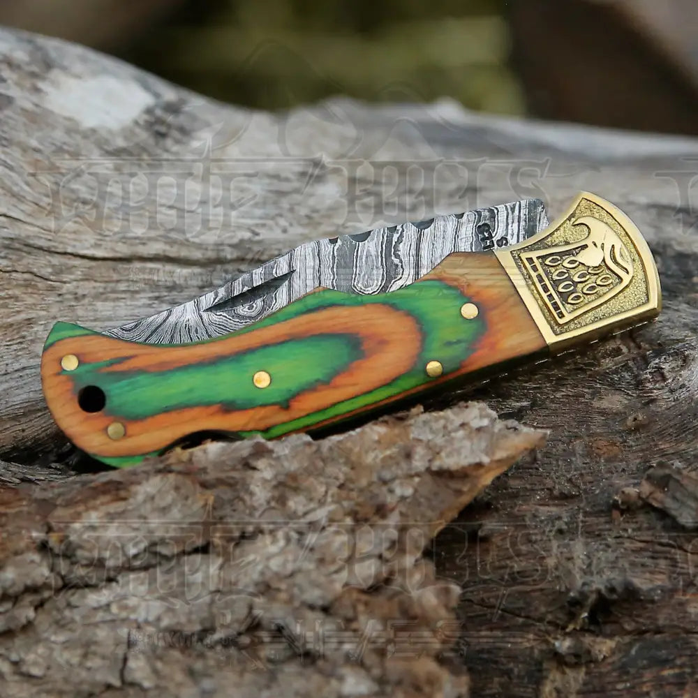 Handmade Damascus Steel Pocket Knife - Folding Knife- Stain Wood Handle With Engraved Brass Eagle