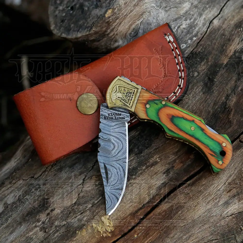Handmade Damascus Steel Pocket Knife - Folding Knife- Stain Wood Handle With Engraved Brass Eagle
