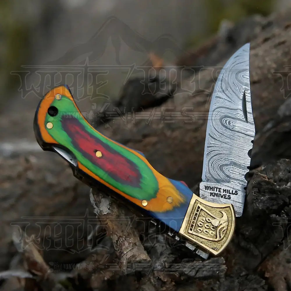 Handmade Damascus Steel Pocket Knife - Folding Knife- Stain Wood Handle With Engraved Brass Eagle