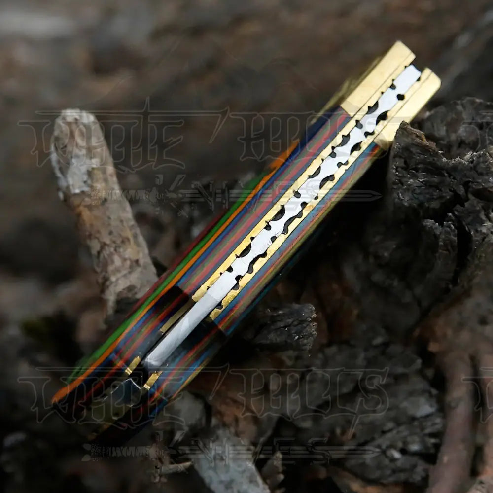 Handmade Damascus Steel Pocket Knife - Folding Knife- Stain Wood Handle With Engraved Brass Eagle