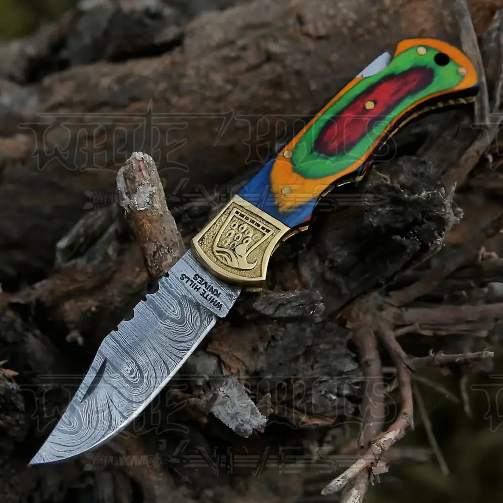 Handmade Damascus Steel Pocket Knife - Folding Knife- Stain Wood Handle With Engraved Brass Eagle