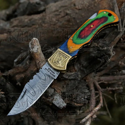 Handmade Damascus Steel Pocket Knife - Folding Knife- Stain Wood Handle With Engraved Brass Eagle