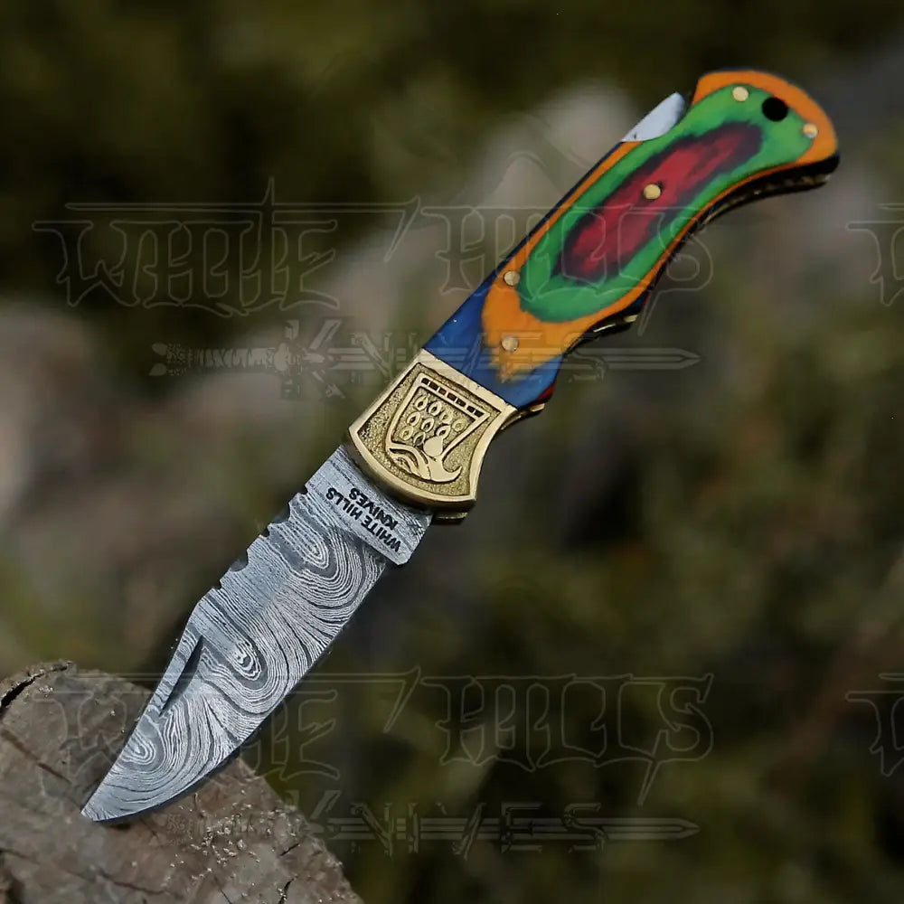 Handmade Damascus Steel Pocket Knife - Folding Knife- Stain Wood Handle With Engraved Brass Eagle