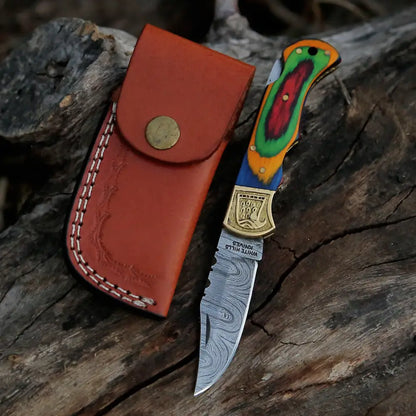 Handmade Damascus Steel Pocket Knife - Folding Knife- Stain Wood Handle With Engraved Brass Eagle