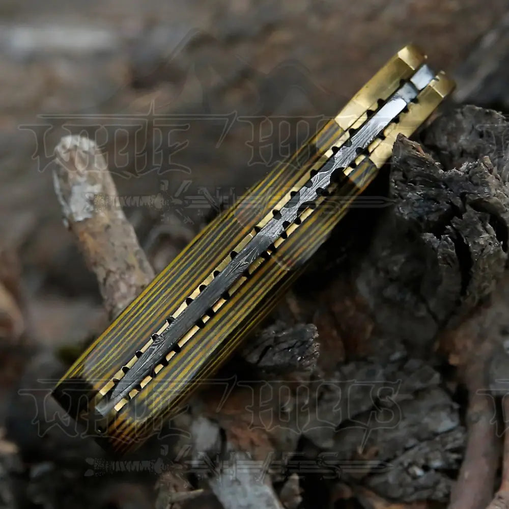 Handmade Damascus Steel Pocket Knife - Folding Knife- Stain Wood Handle With Engraved Brass Eagle