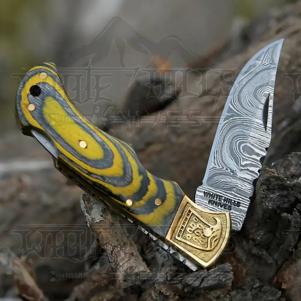 Handmade Damascus Steel Pocket Knife - Folding Knife- Stain Wood Handle With Engraved Brass Eagle
