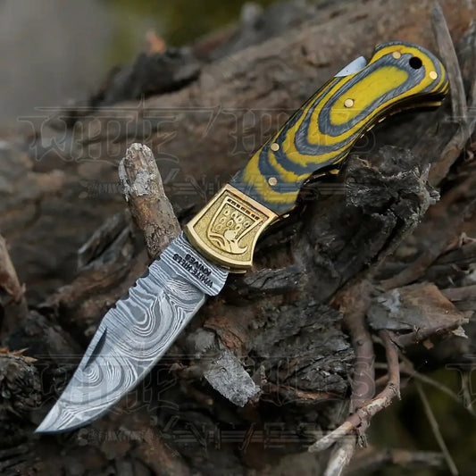 Handmade Damascus Steel Pocket Knife - Folding Knife- Stain Wood Handle With Engraved Brass Eagle