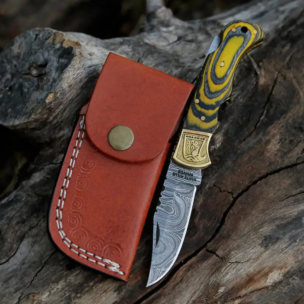 Handmade Damascus Steel Pocket Knife - Folding Knife- Stain Wood Handle With Engraved Brass Eagle
