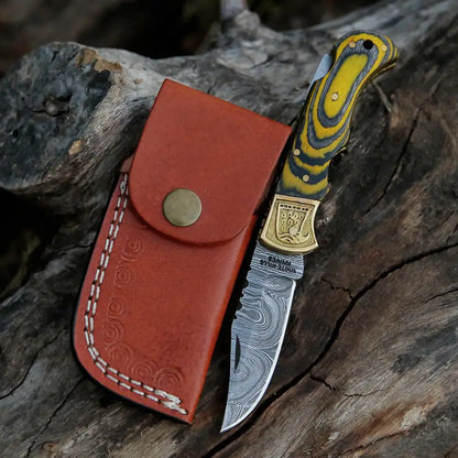 Handmade Damascus Steel Pocket Knife - Folding Knife- Stain Wood Handle With Engraved Brass Eagle