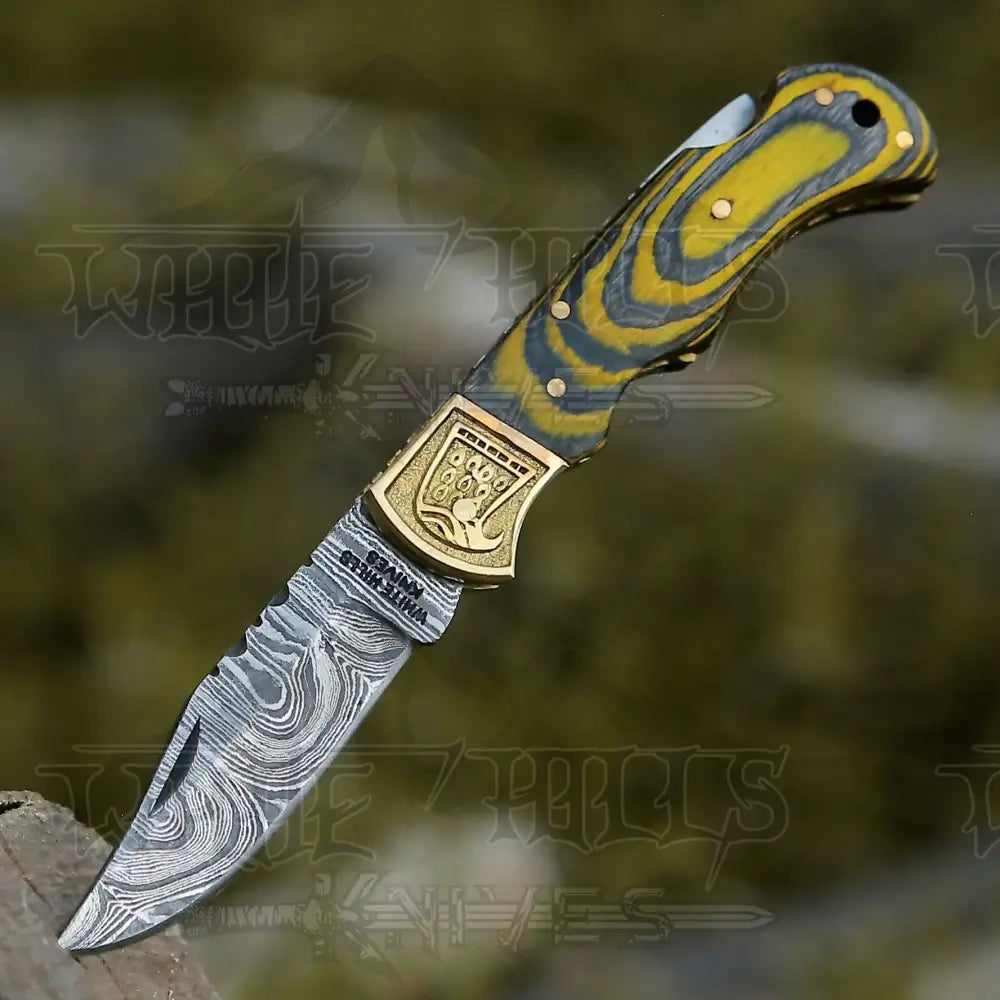 Handmade Damascus Steel Pocket Knife - Folding Knife- Stain Wood Handle With Engraved Brass Eagle
