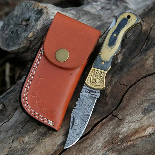 Handmade Damascus Steel Pocket Knife - Folding Knife- Stain Wood Handle With Engraved Brass Eagle