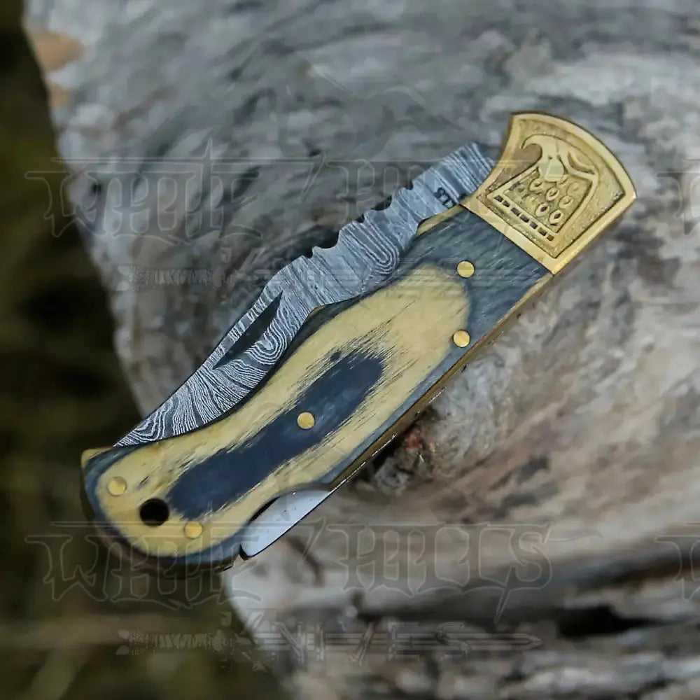 Handmade Damascus Steel Pocket Knife - Folding Knife- Stain Wood Handle With Engraved Brass Eagle