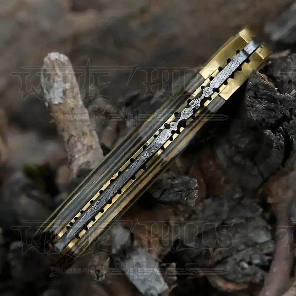 Handmade Damascus Steel Pocket Knife - Folding Knife- Stain Wood Handle With Engraved Brass Eagle