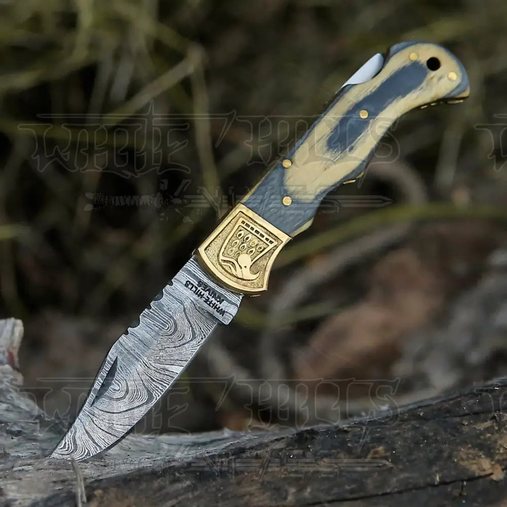Handmade Damascus Steel Pocket Knife - Folding Knife- Stain Wood Handle With Engraved Brass Eagle