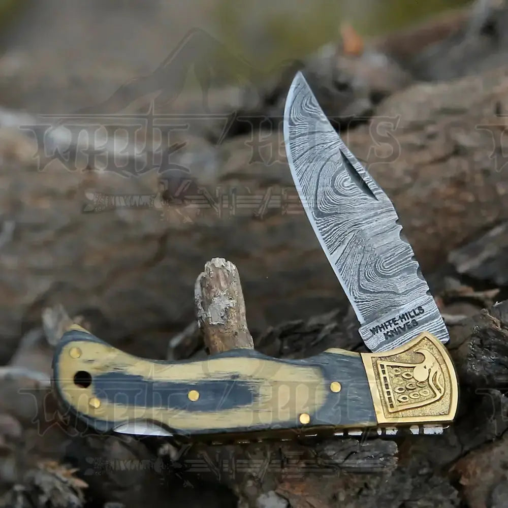 Handmade Damascus Steel Pocket Knife - Folding Knife- Stain Wood Handle With Engraved Brass Eagle