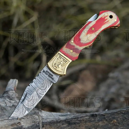 Handmade Damascus Steel Pocket Knife - Folding Knife- Stain Wood Handle With Engraved Brass Eagle