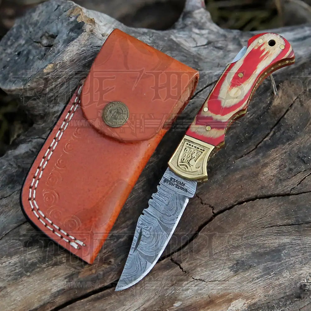 Handmade Damascus Steel Pocket Knife - Folding Knife- Stain Wood Handle With Engraved Brass Eagle