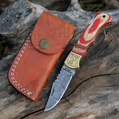 Handmade Damascus Steel Pocket Knife - Folding Knife- Stain Wood Handle With Engraved Brass Eagle