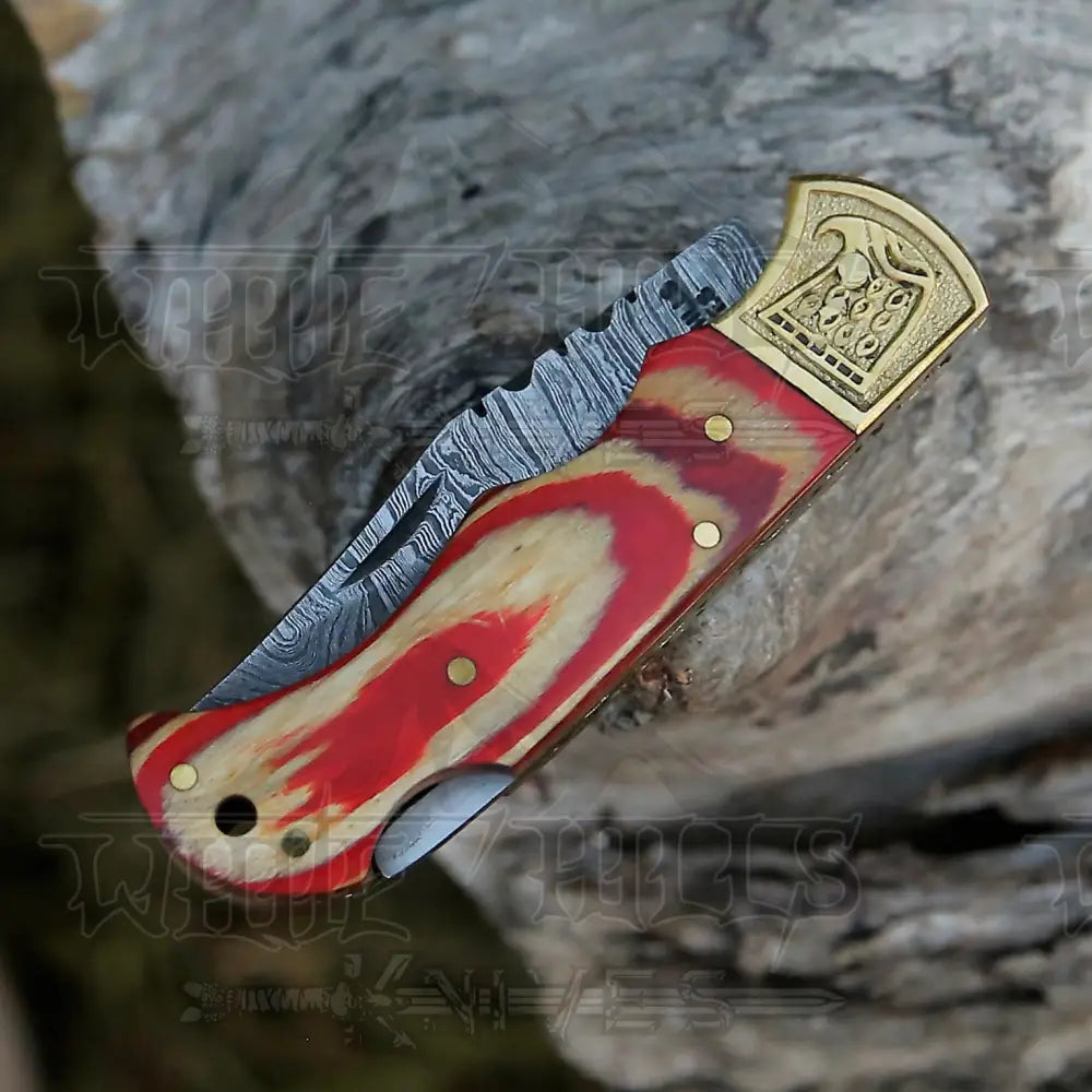 Handmade Damascus Steel Pocket Knife - Folding Knife- Stain Wood Handle With Engraved Brass Eagle