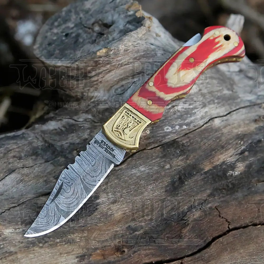 Handmade Damascus Steel Pocket Knife - Folding Knife- Stain Wood Handle With Engraved Brass Eagle