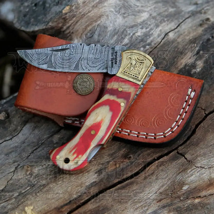 Handmade Damascus Steel Pocket Knife - Folding Knife- Stain Wood Handle With Engraved Brass Eagle