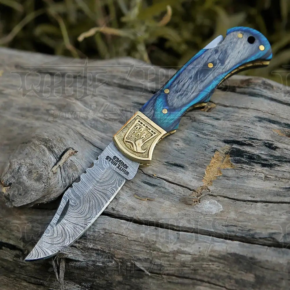 Handmade Damascus Steel Pocket Knife - Folding Knife- Stain Wood Handle With Engraved Brass Eagle