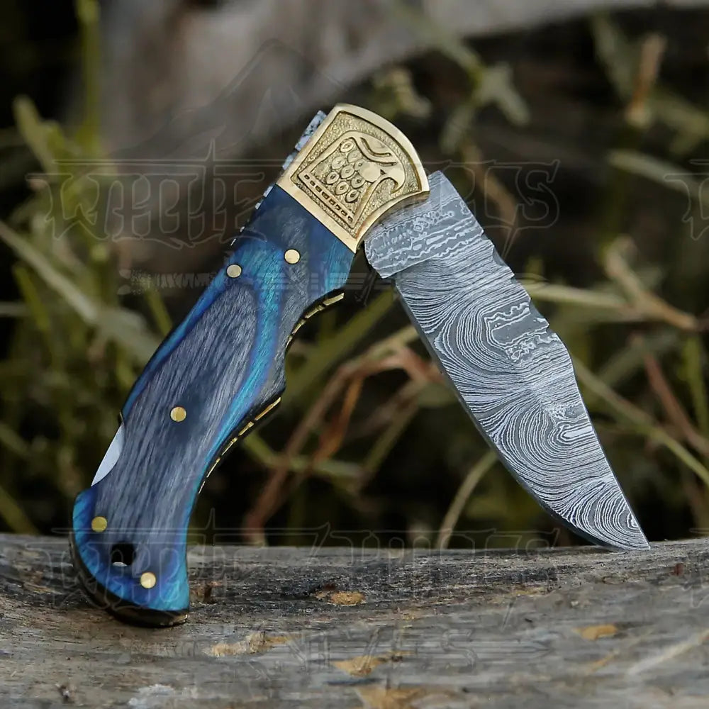 Handmade Damascus Steel Pocket Knife - Folding Knife- Stain Wood Handle With Engraved Brass Eagle