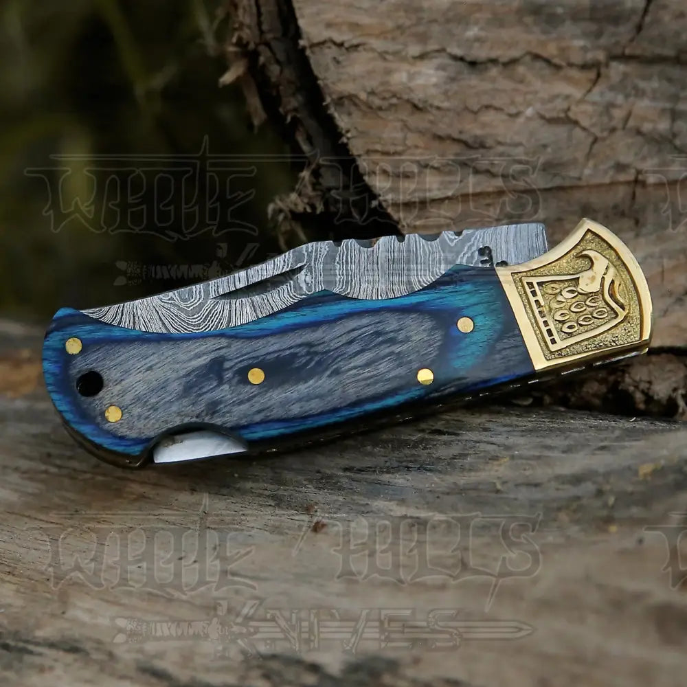 Handmade Damascus Steel Pocket Knife - Folding Knife- Stain Wood Handle With Engraved Brass Eagle