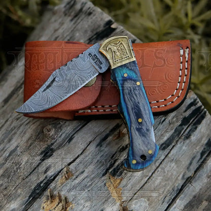 Handmade Damascus Steel Pocket Knife - Folding Knife- Stain Wood Handle With Engraved Brass Eagle