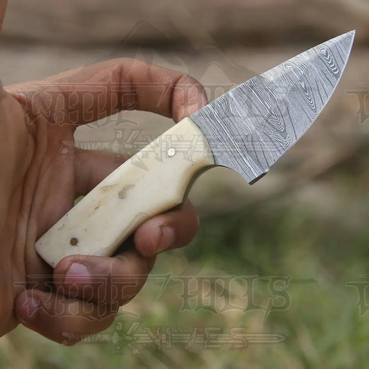 Handmade Damascus Steel Skinner Knife - Camel Bone Handle 5.5’ Full Tang