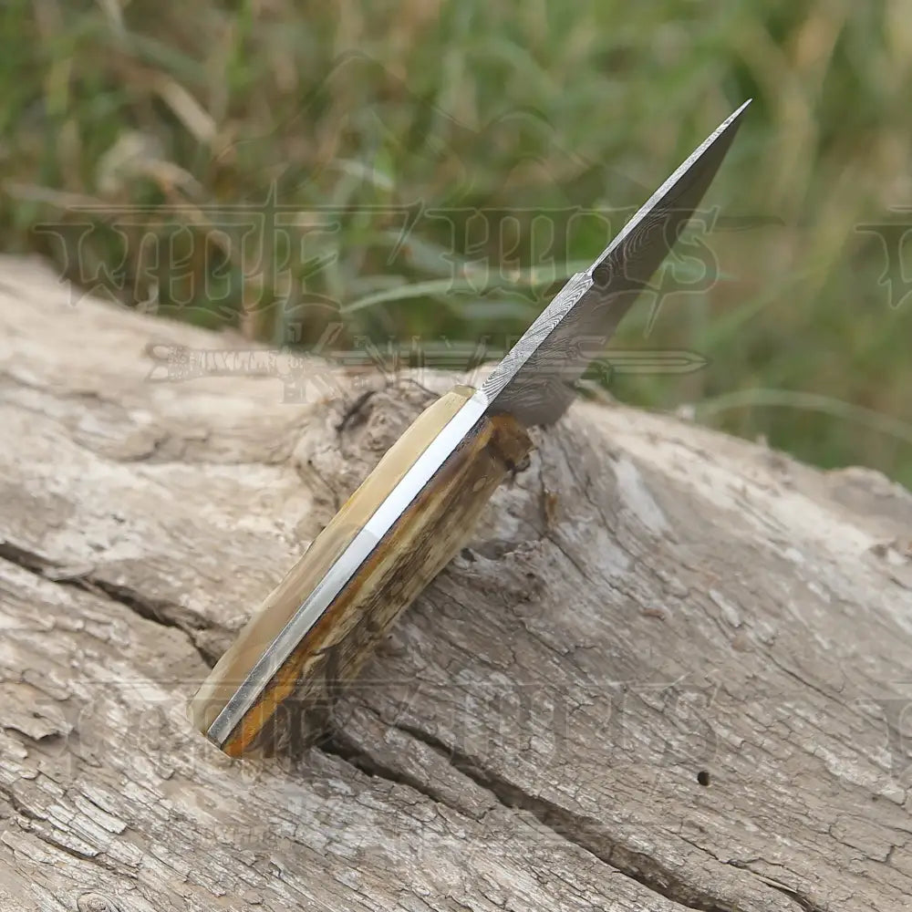 Handmade Damascus Steel Skinner Knife - Ram Horn Handle 5.5’ Full Tang
