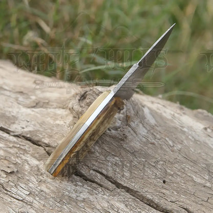 Handmade Damascus Steel Skinner Knife - Ram Horn Handle 5.5’ Full Tang