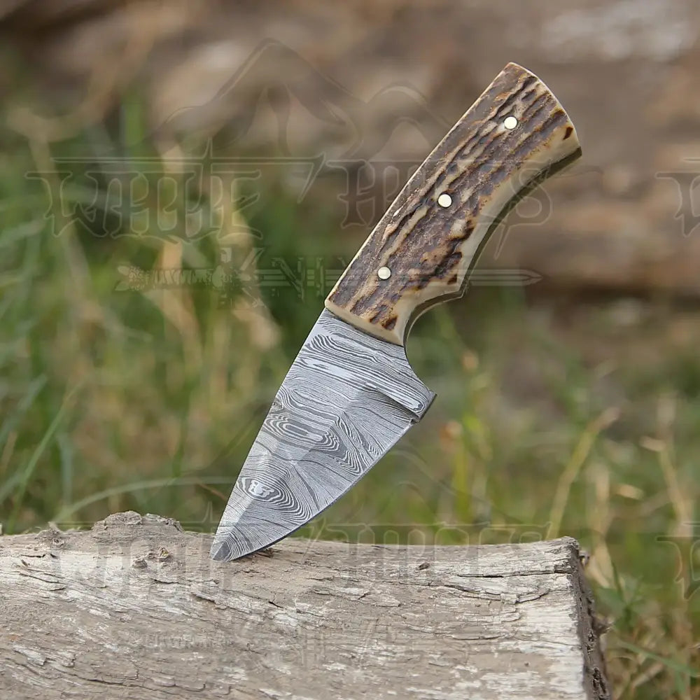 Handmade Damascus Steel Skinner Knife - Stag Antler Handle 5.5’ Full Tang