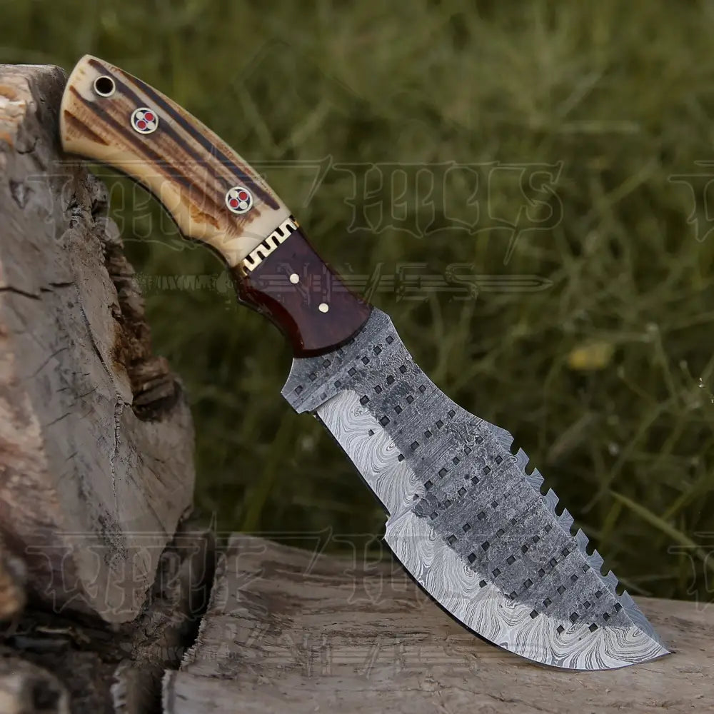 Handmade Forged Damascus Bushcraft Tracker Knife Full Tang - Stag Antler & Wood Handle Tracker Knife