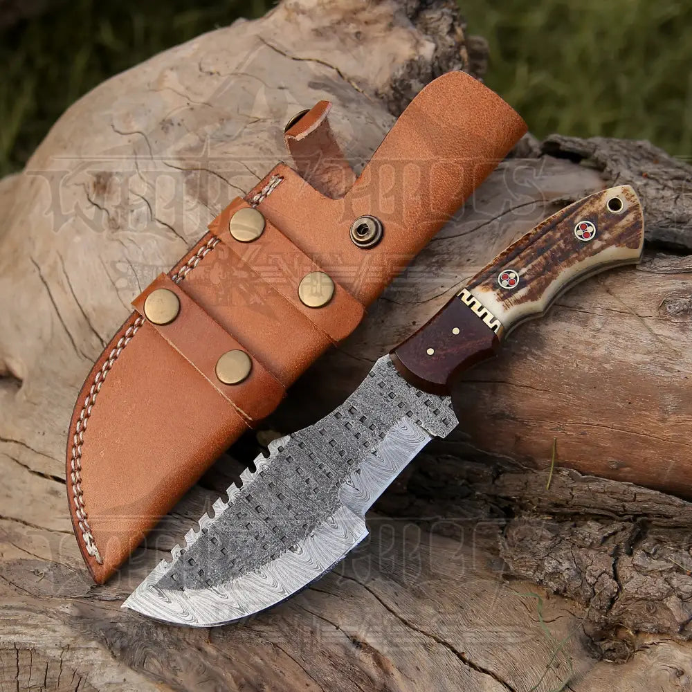Handmade Forged Damascus Bushcraft Tracker Knife Full Tang - Stag Antler & Wood Handle Tracker Knife