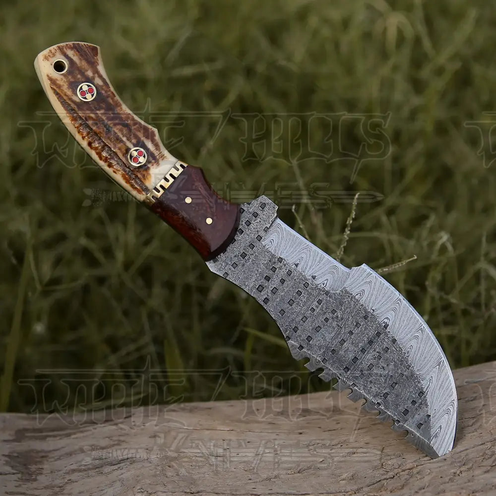 Handmade Forged Damascus Bushcraft Tracker Knife Full Tang - Stag Antler & Wood Handle Tracker Knife