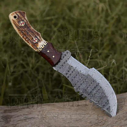 Handmade Forged Damascus Bushcraft Tracker Knife Full Tang - Stag Antler & Wood Handle Tracker Knife