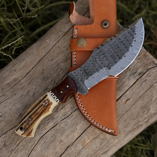 EDC Handmade Forged Damascus Steel Hunting Deer Hook Knife Crown Stag