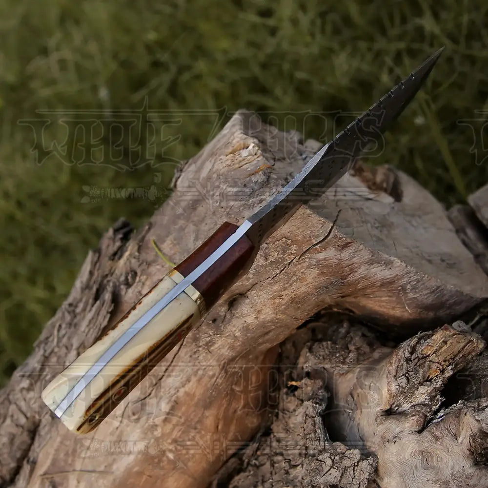 Handmade Forged Damascus Bushcraft Tracker Knife Full Tang - Stag Antler & Wood Handle Tracker Knife