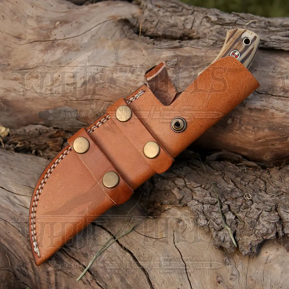 Handmade Forged Damascus Bushcraft Tracker Knife Full Tang - Stag Antler & Wood Handle Tracker Knife