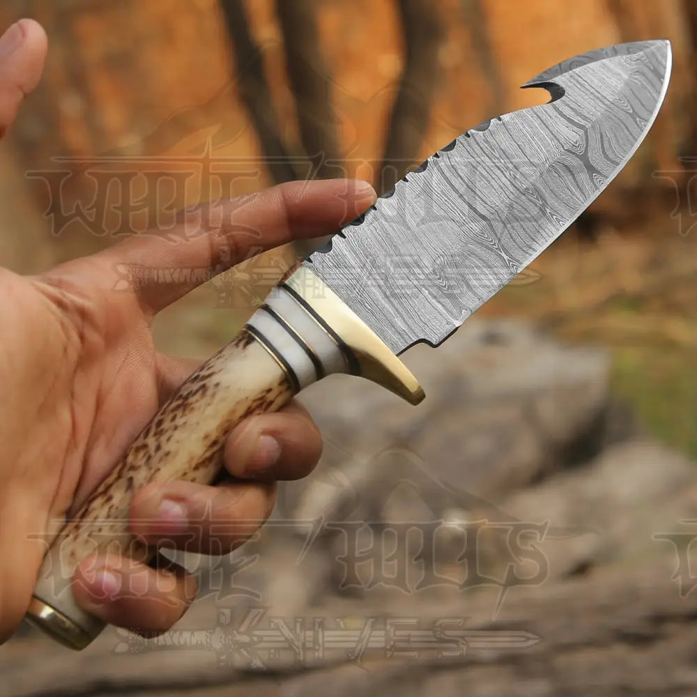 Handmade Forged Damascus Steel Gut Hook Hunting Knife EDC With