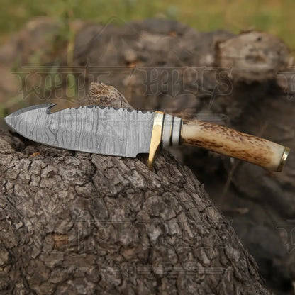Handmade Forged Damascus Steel Gut Hook Hunting Knife Edc With Orginal Stag Antler Handle Wh 4340