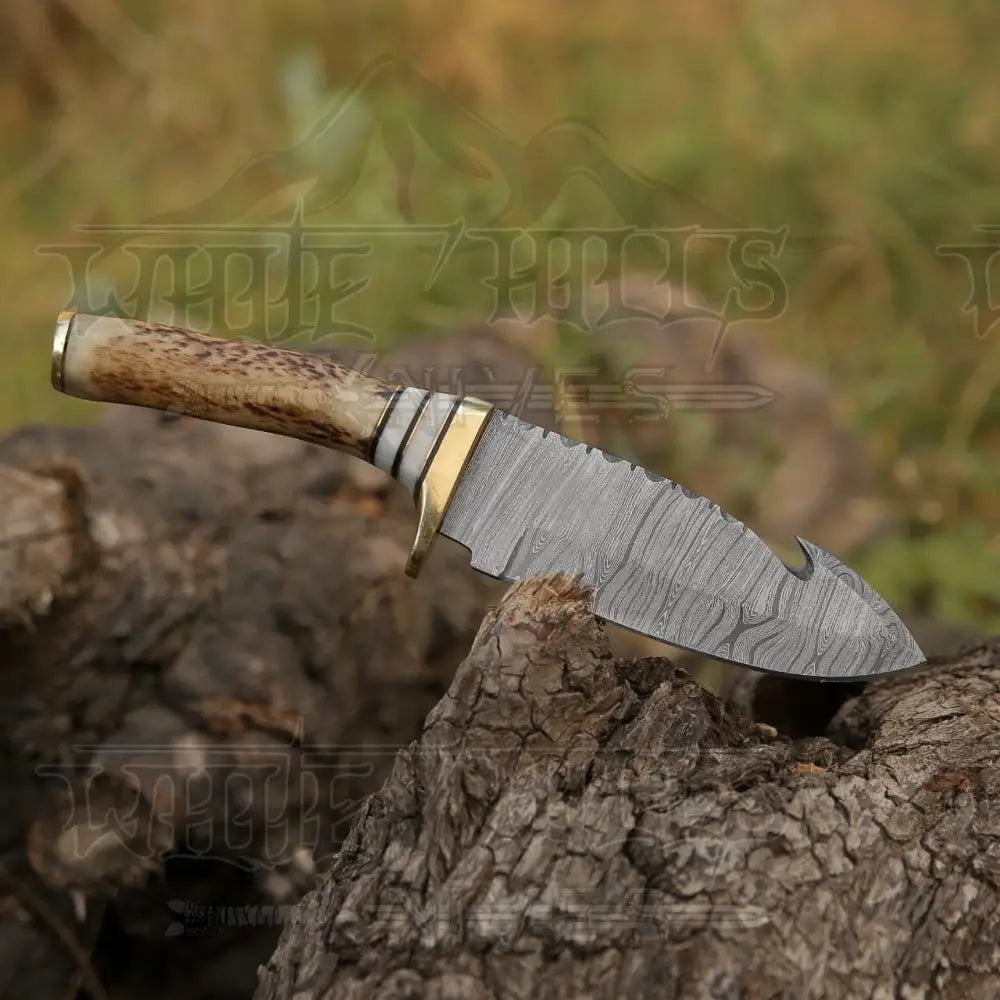 Handmade Forged Damascus Steel Gut Hook Hunting Knife Edc With Orginal Stag Antler Handle Wh 4340
