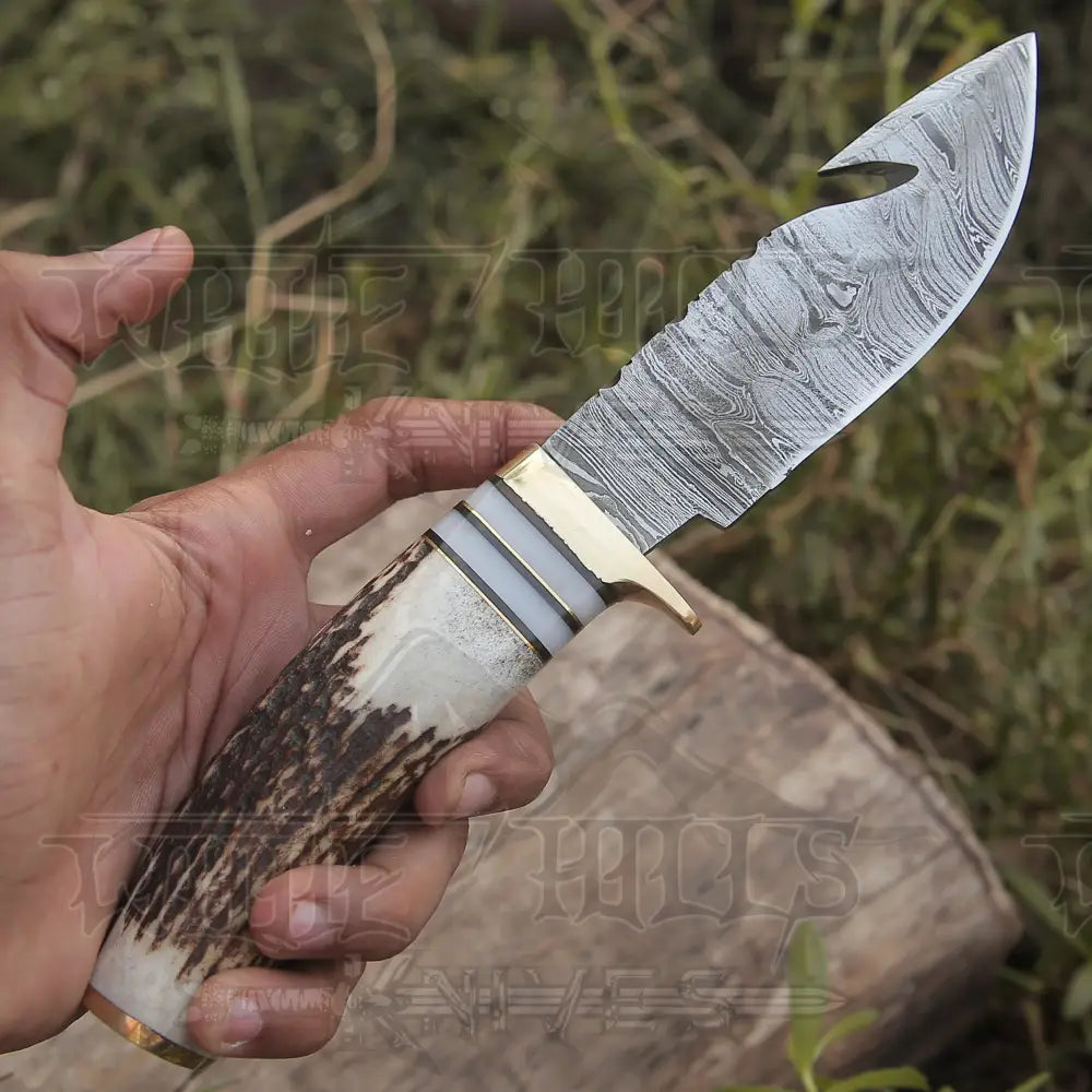 Handmade Forged Damascus Steel Gut Hook Hunting Knife Edc With Original Stag Antler Handle Wh 4340