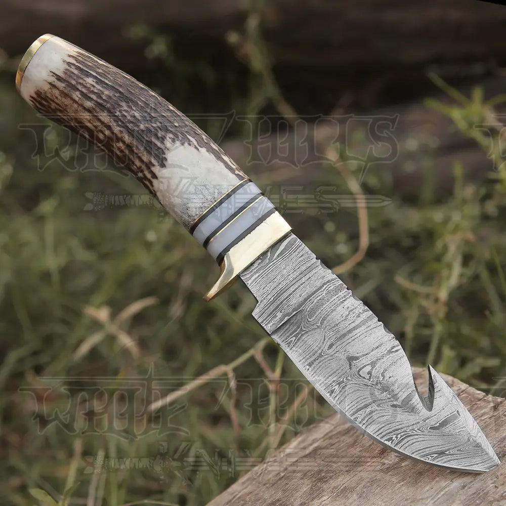 Handmade Forged Damascus Steel Gut Hook Hunting Knife EDC With Origina –  White Hills Knives