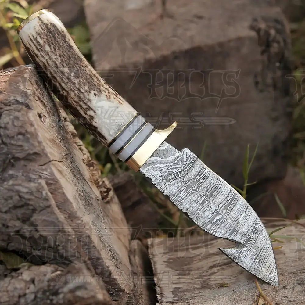 Handmade Forged Damascus Steel Gut Hook Hunting Knife Edc With Original Stag Antler Handle Wh 4340