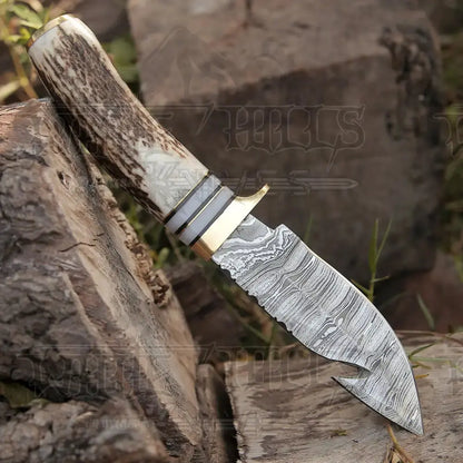 Handmade Forged Damascus Steel Gut Hook Hunting Knife Edc With Original Stag Antler Handle Wh 4340