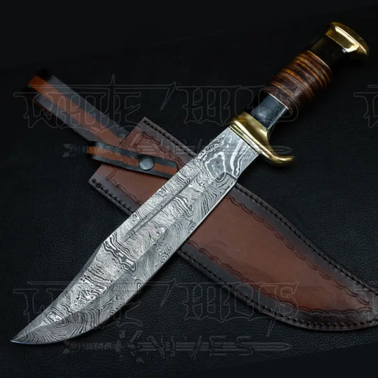 Handmade Forged Damascus Steel Hunting Bowie Rambo Knife Bull Horn & Leather