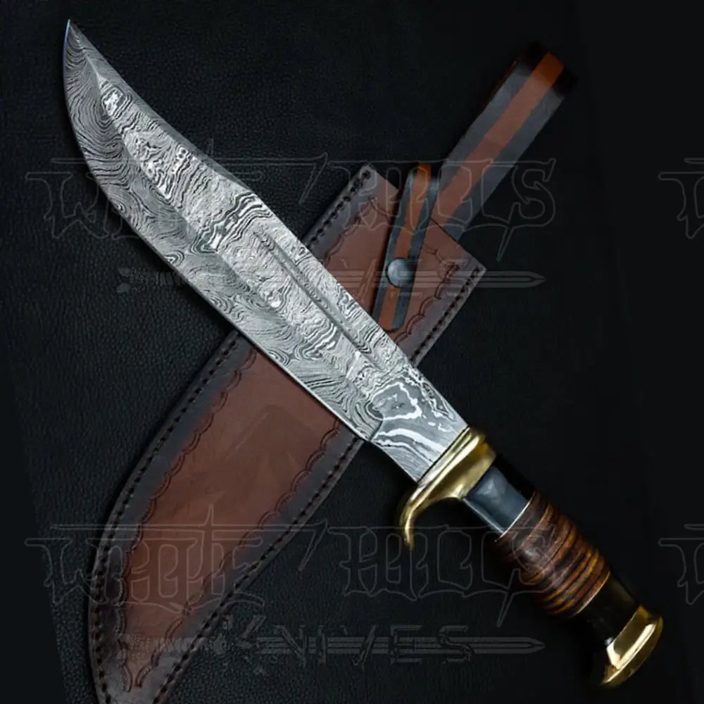 Handmade Forged Damascus Steel Hunting Bowie Rambo Knife Bull Horn & Leather
